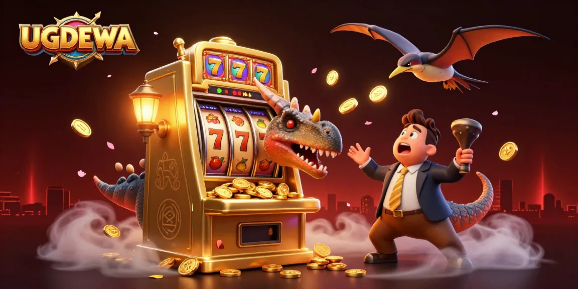 Experience colossal wins at UGDEWA as characters celebrate a jackpot payout from a golden slot machine.