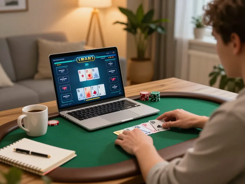 Person playing poker online on laptop at home, kjc gaming experience in cozy setting