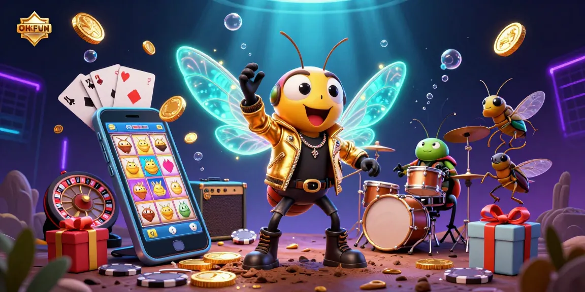 Experience the thrill of gambling with OKFUN's vibrant casino scene featuring animated characters and exciting game elements.