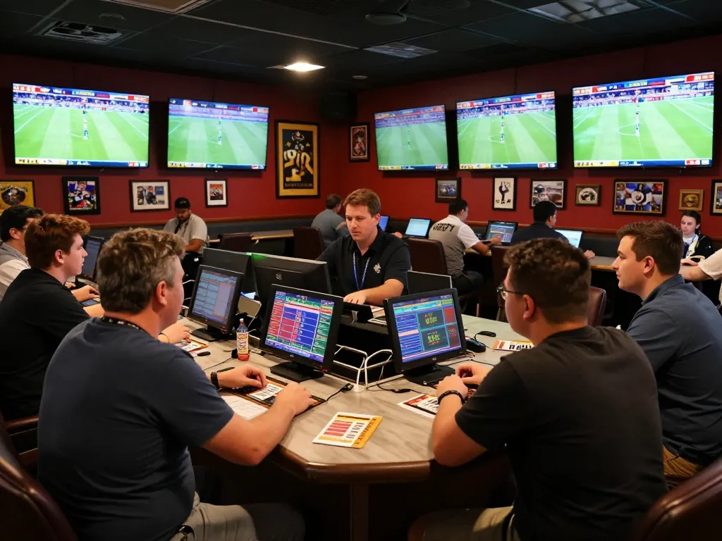 Excited players in a sports betting lounge engaging with llwin Download on multiple screens, capturing the thrill of sports gambling.