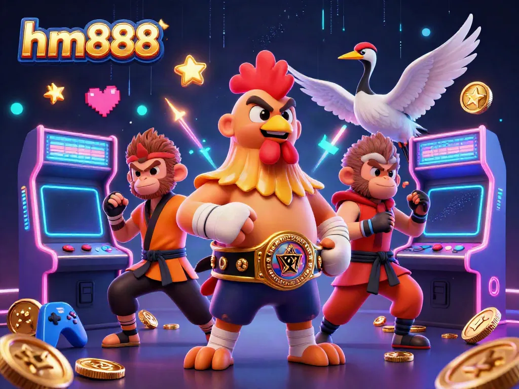Engage with thrilling hm888 casino games through vibrant 3D illustrations of dynamic characters and gaming elements.
