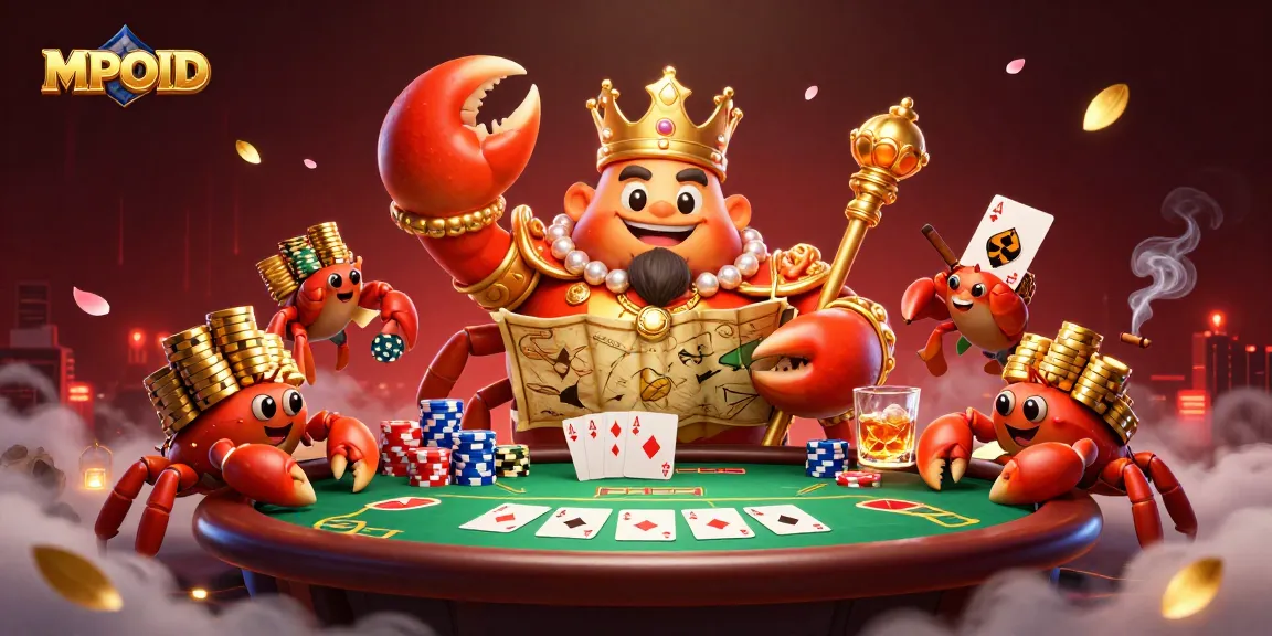 Engage with MPOID's thrilling gaming scene featuring a golden crab emperor and dynamic poker elements.