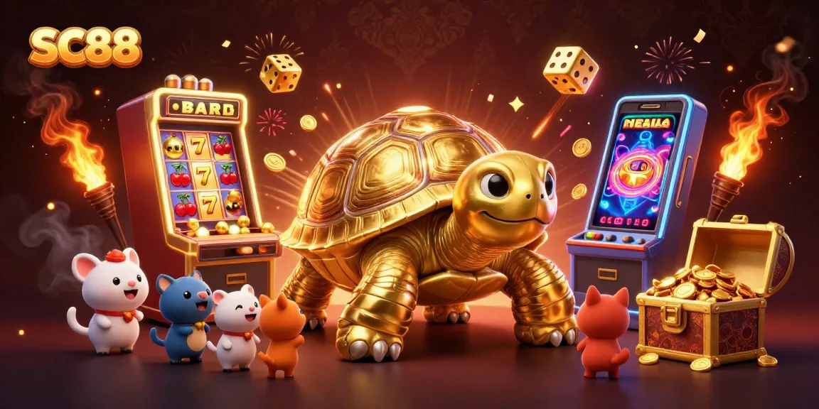Play thrilling games at SC88 with a majestic golden tortoise and vibrant slot machine.