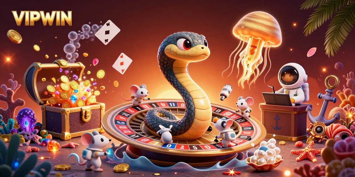 VIPWIN delivers a vibrant illustration of a roulette experience with playful characters in a cosmic scene.