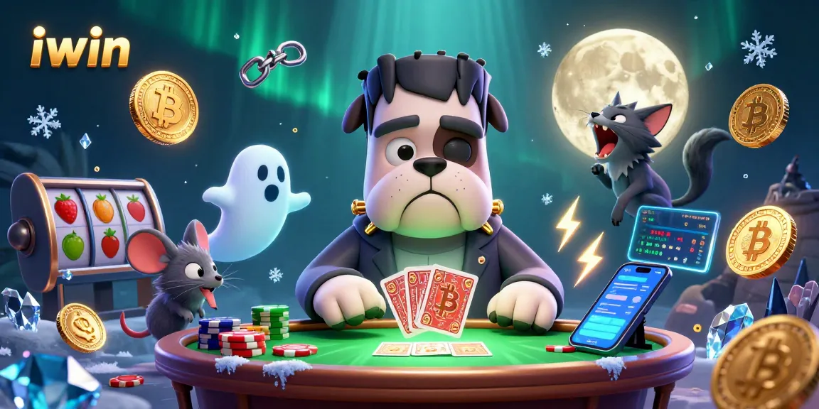 Play iwin with unique characters at a vibrant casino table filled with coins and games.