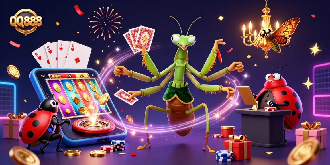 Experience QQ888 excitement with vibrant casino elements and joyful characters in a lively gambling scene.