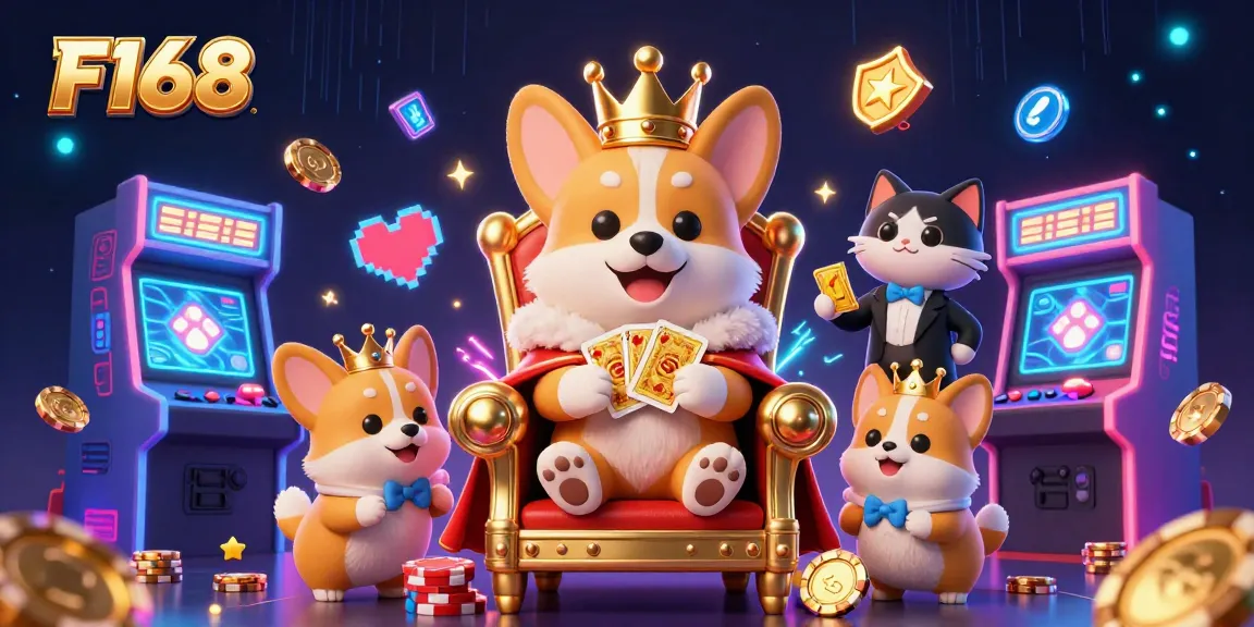 Engage in thrilling online action at F168 with vibrant 3D illustration of a royal corgi on a poker chip throne.