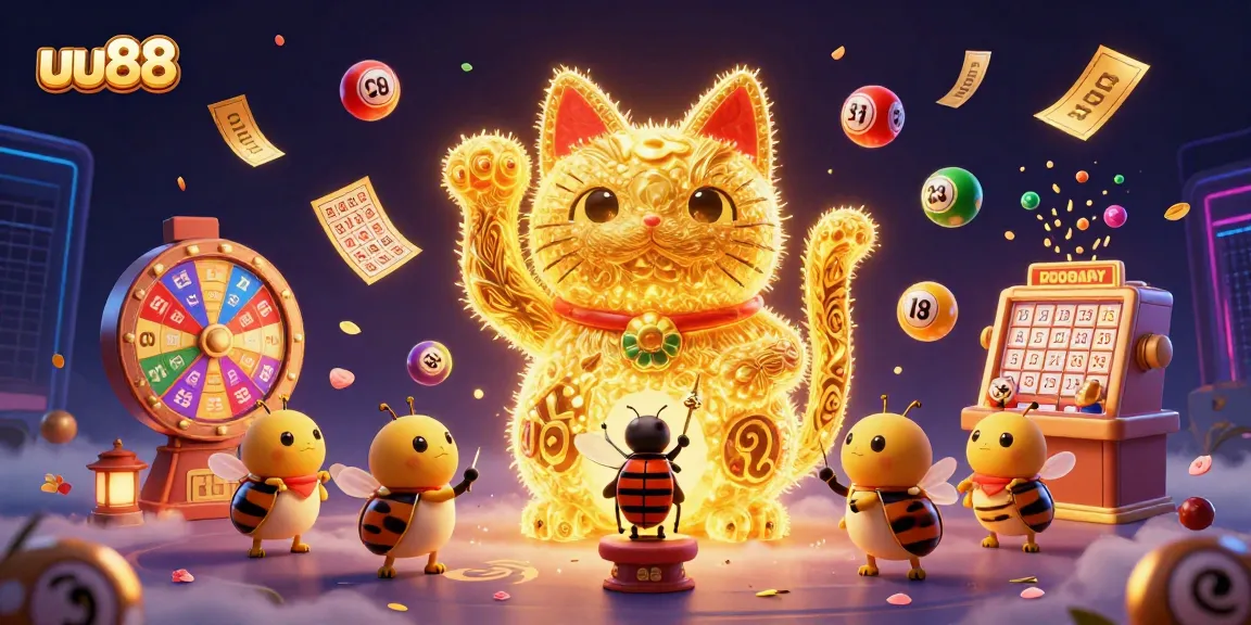 Experience fun and winnings at uu88 with a vibrant lucky cat and casino-themed characters.
