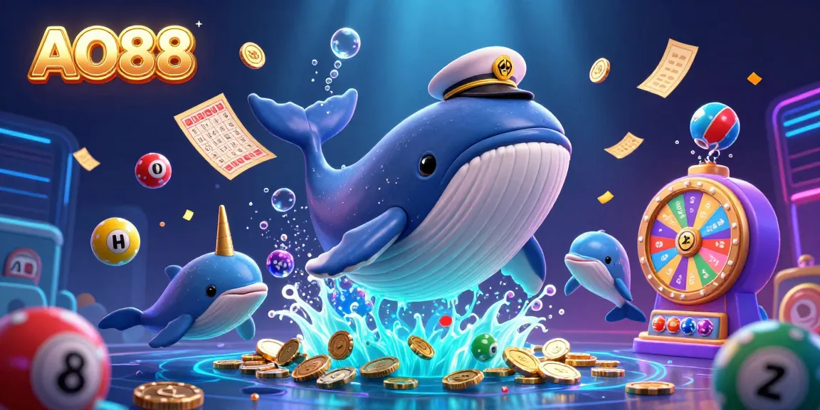 Experience the dynamic AO88 gaming scene with a whale, narwhal, and dolphins amidst vibrant lottery elements