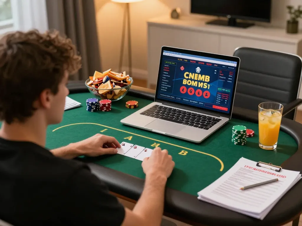 Player engaged in strategic poker gameplay on OKFUN while enjoying a cozy home atmosphere with snacks.