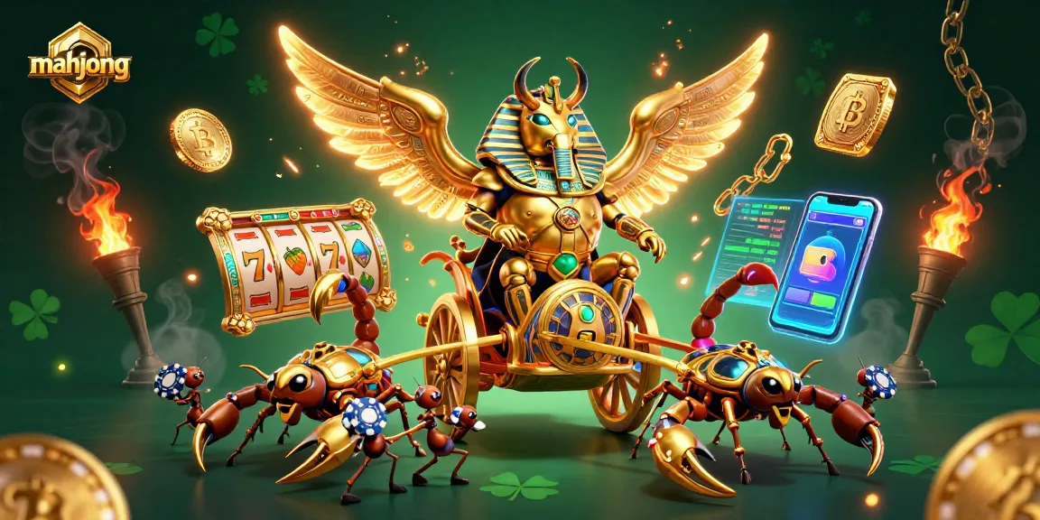 Play mahjong with an engaging illustration featuring a golden beetle and dynamic casino elements.