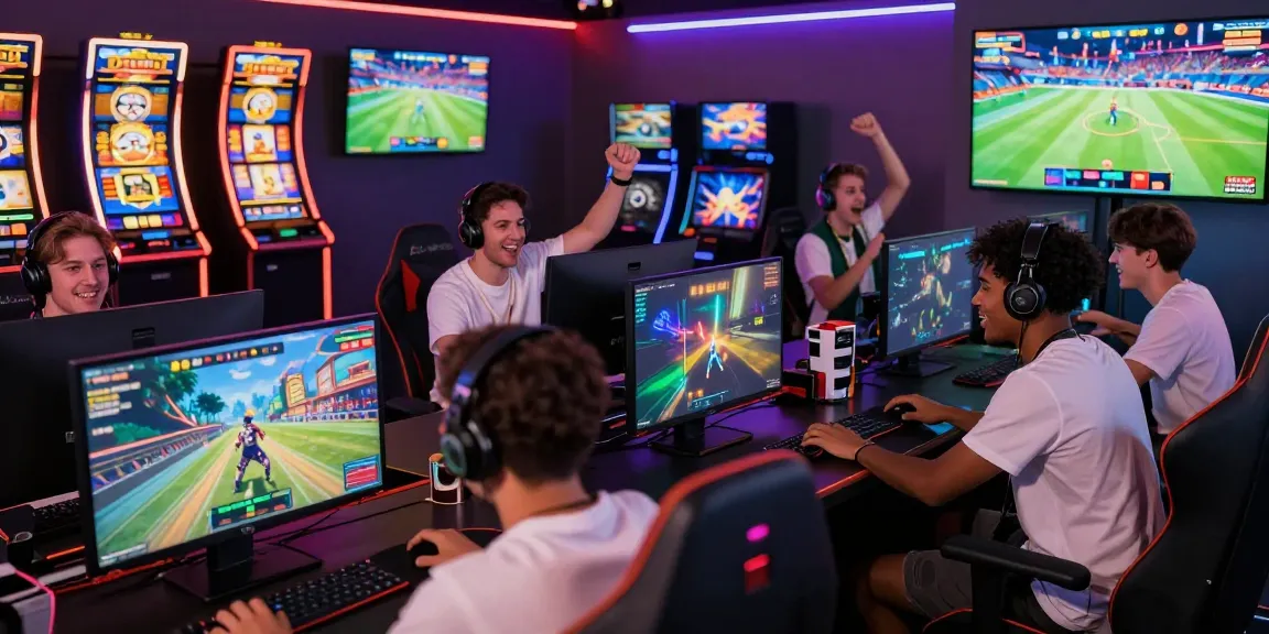 Exciting HITCLUB gaming community scene with players cheering and gaming together