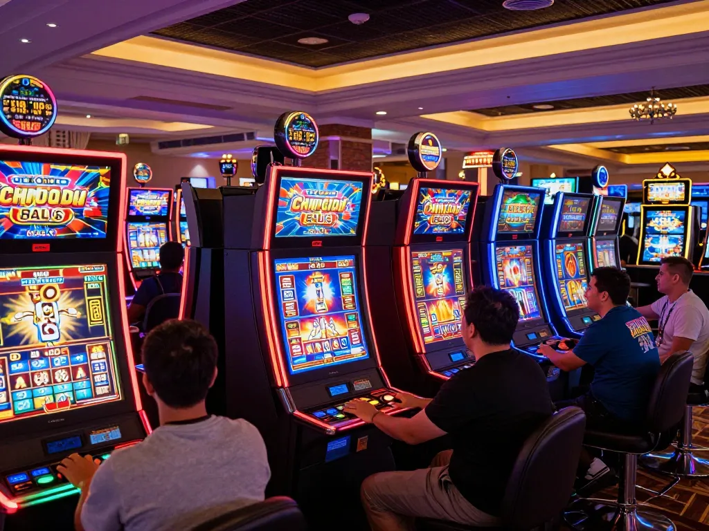 Players enjoying thrilling slot machines at RR88, showcasing excitement and vibrant casino atmosphere