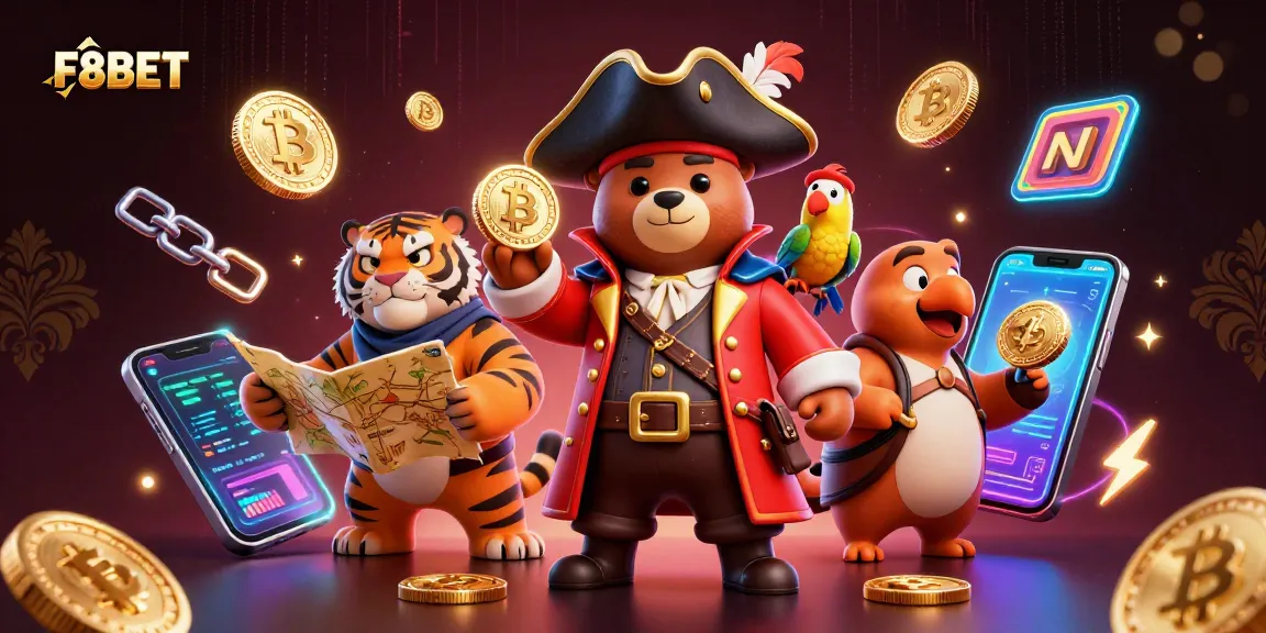 F8BET showcases stunning pirate-themed adventure with Bitcoin and Ethereum coins for casino excitement.