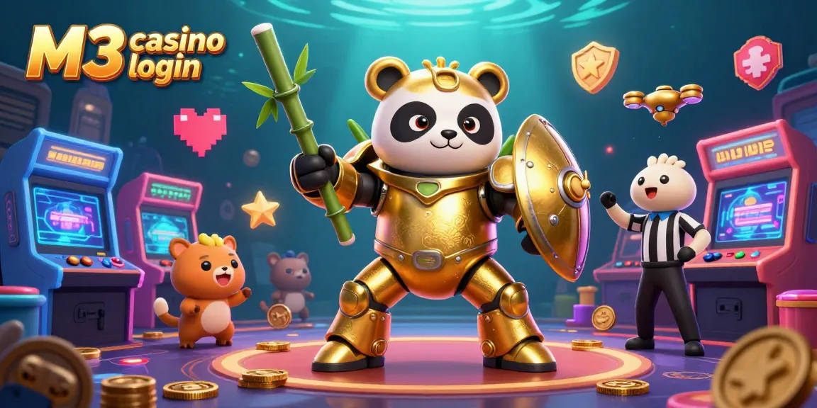 M3 casino login showcases a vibrant casino scene with a golden panda robot blending gaming fun and excitement.