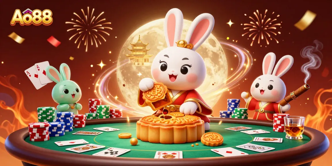 Experience Ao88 with a vibrant 3D illustration of a moon rabbit and poker elements celebrating gaming.