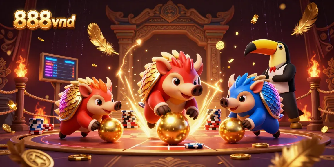 Engage with 888vnd's exciting games as rival pangolins bowl through poker chips in an energetic scene.