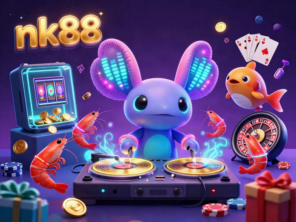 Experience the vibrant nk88 casino atmosphere with a dynamic DJ axolotl and glowing sea-life characters.