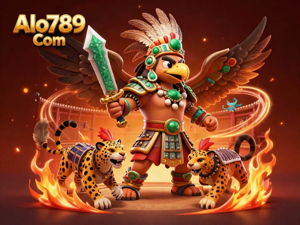 Engage with Alo789 Com in an epic cockfighting scene with Aztec warriors and dynamic energy.