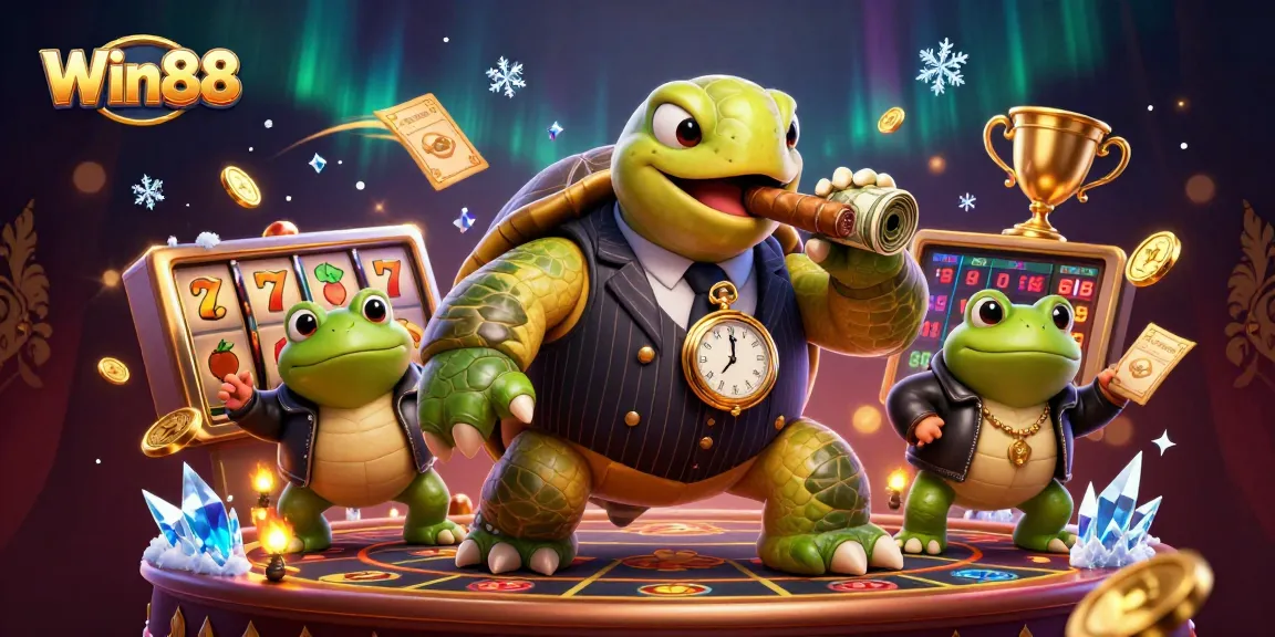 Win88 showcases a vibrant scene with a snapping turtle mobster and casino elements amidst lively gaming energy.