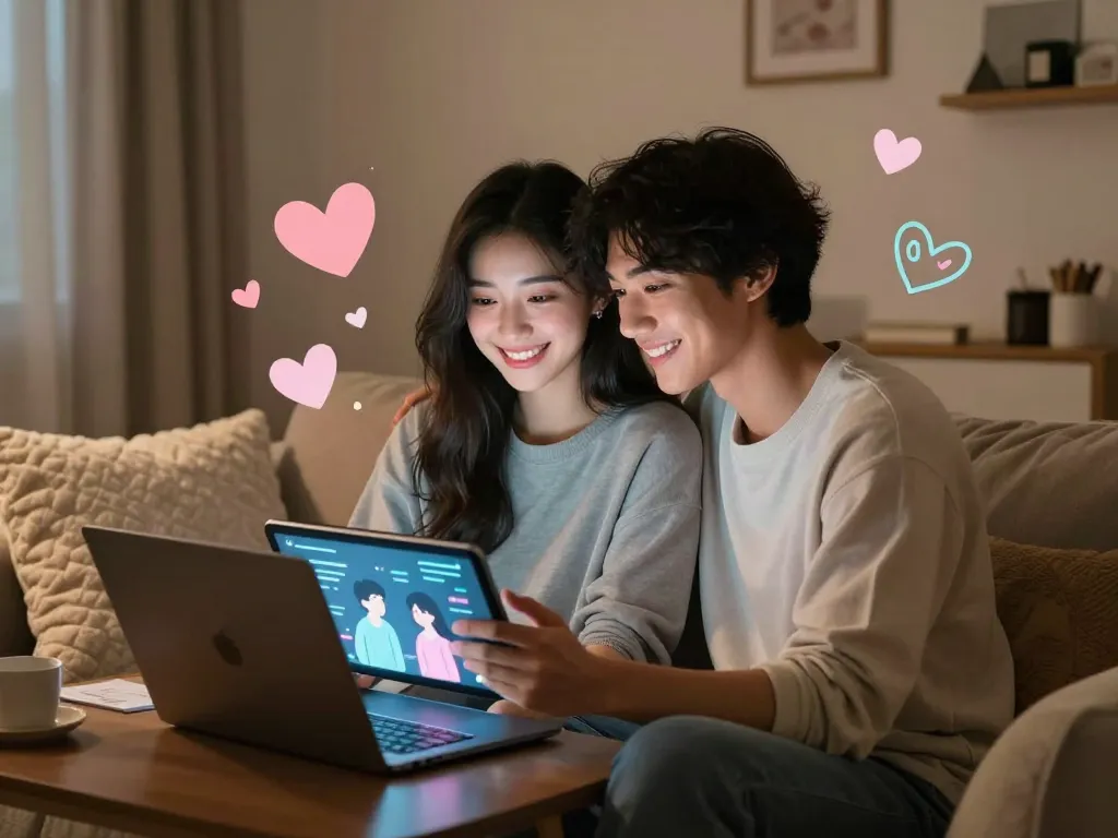 AI gf virtual romance between a couple in a cozy digital space with soft lighting.