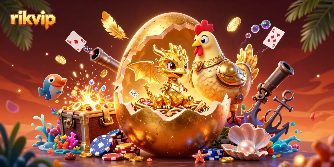 Play and win at rikvip with a golden dragon surrounded by casino treasures and dynamic elements.