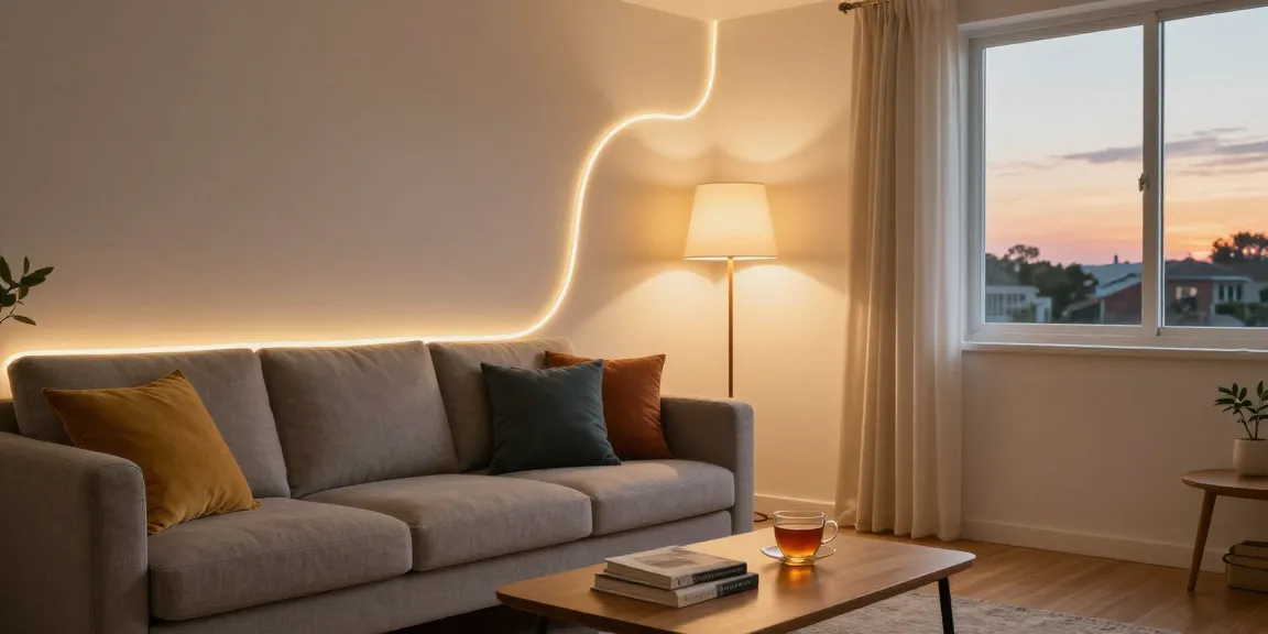 Iluminare modernă cu banda LED în living, canapea confortabilă și atmosferă relaxantă.