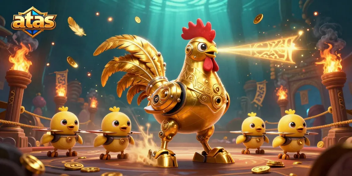 Engage in thrilling gaming action at atas with golden rooster robot and vibrant casino elements.