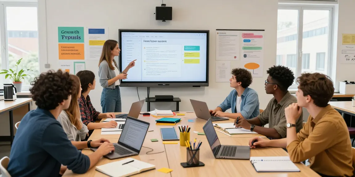 Teachers collaborating using an online teacher planner, EMStudio, in a vibrant classroom setting.