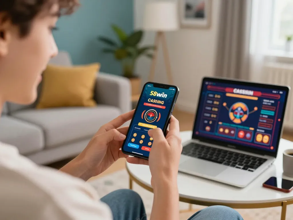 Experience thrilling gaming with the 58wiin app on smartphone in a stylish home setting.