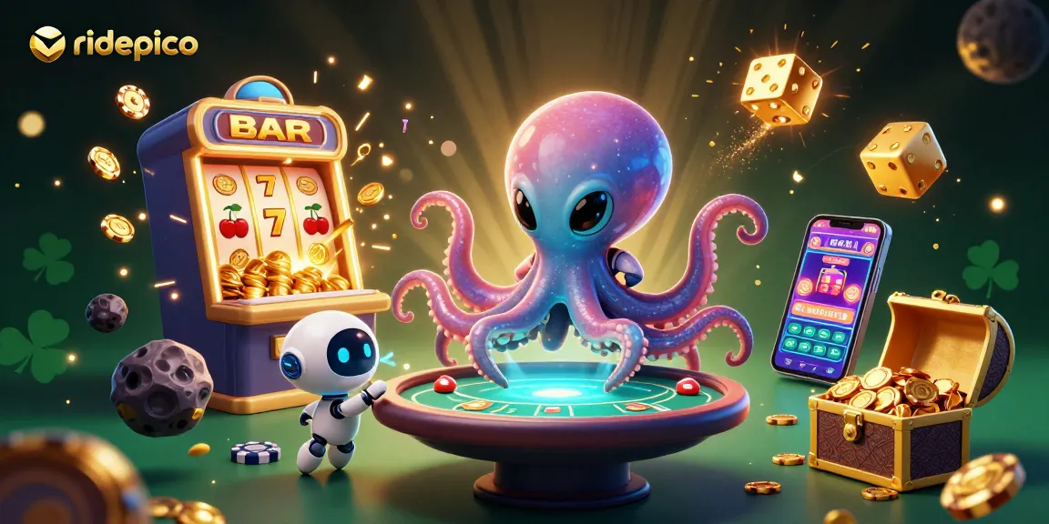 Engage in thrilling gameplay with ridepico featuring a vibrant alien octopus at a poker table amidst dynamic casino elements.