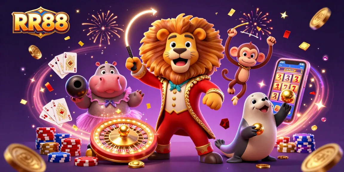 Join the fun at RR88 and win big with a dynamic scene featuring classic casino elements and colorful characters.
