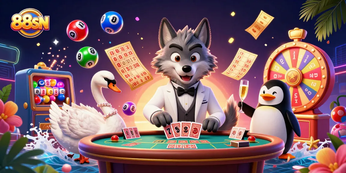 Join the excitement at 88SN with vibrant casino elements and engaging characters in a lively scene.