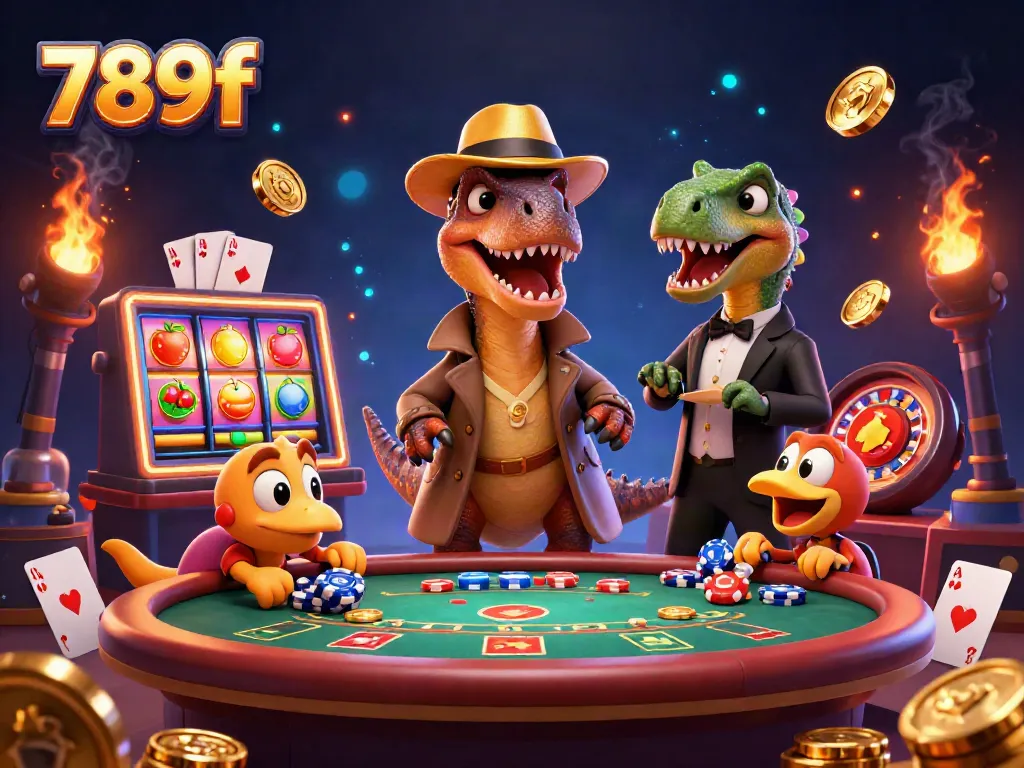 A 3D velociraptor disguised as a card counter in a casino scene, highlighting the 789f brand.