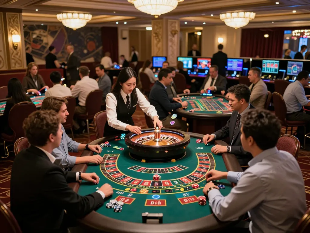 Players engaging at roulette tables in a lively casino atmosphere, highlighting O8 com gaming experience.