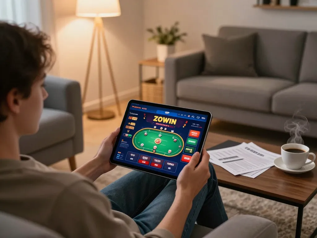 Engaging online casino gaming on ZOWIN com from the comfort of home, showcasing a cozy atmosphere