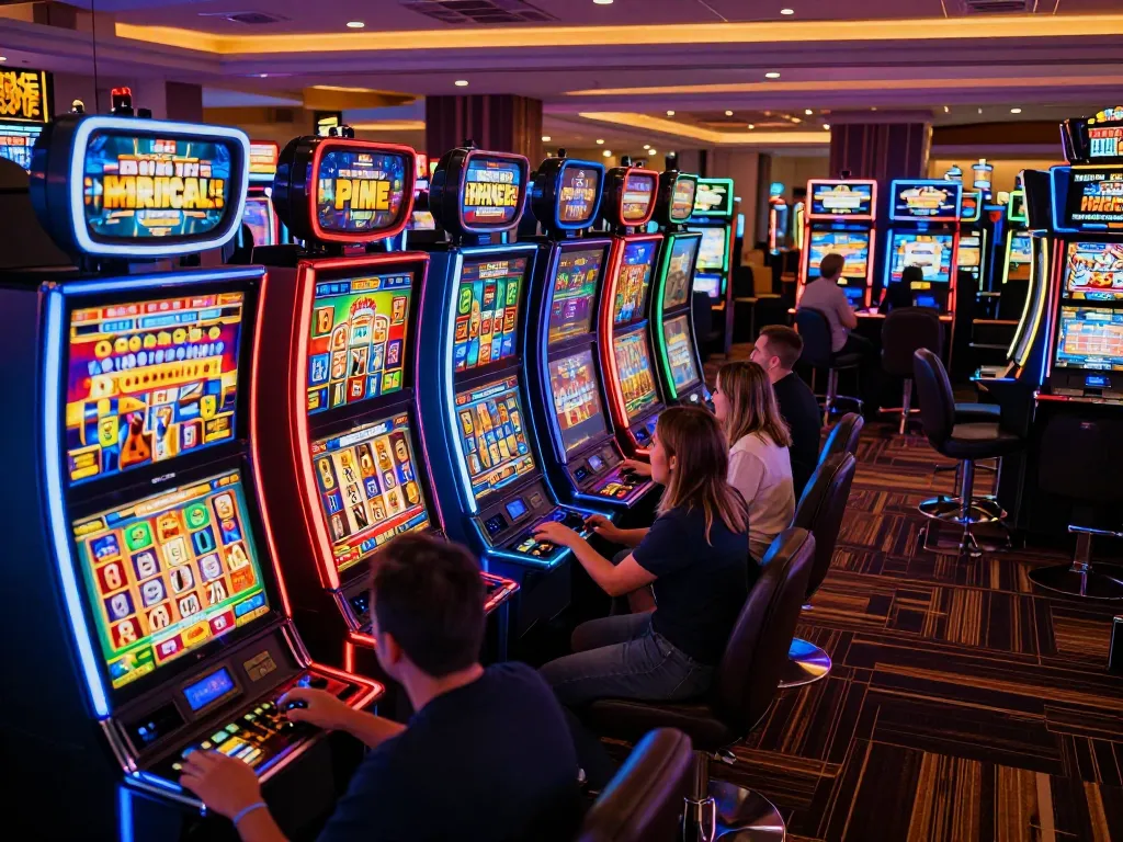 Pemain menikmati sensasi mesin slot88 apk dengan warna-warna cerah di lingkungan kasino yang hidup