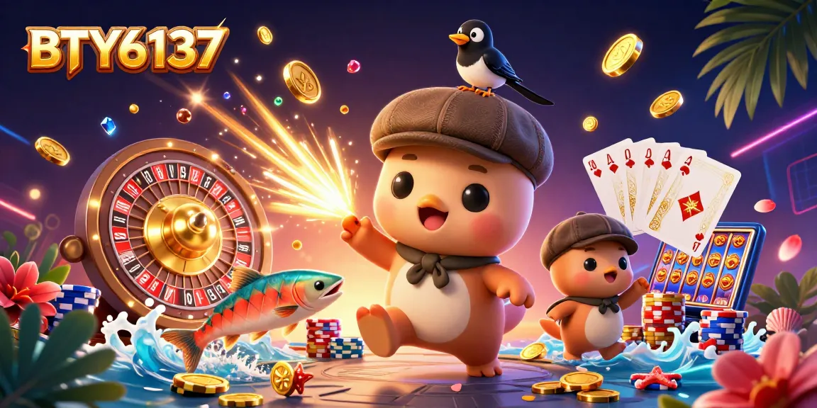BTY6137 showcases a playful 3D illustration of Nessie and friends amidst casino games and gold.