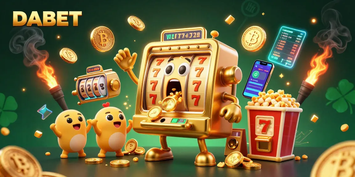 DABET slot machine hitting jackpot with cheering baby machines and coins pouring out, creating a vibrant casino scene.