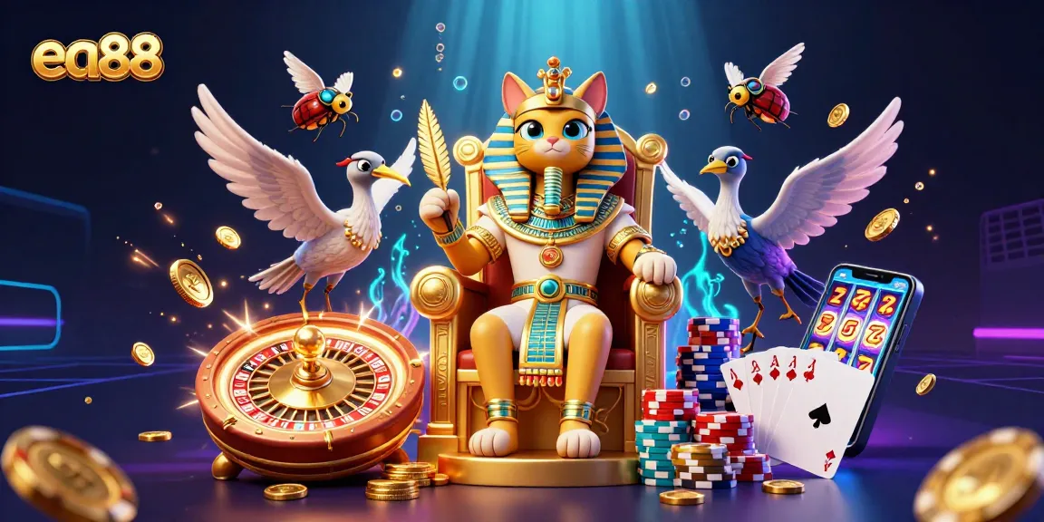 Join the thrilling adventure with ea88, where the Egyptian pharaoh cat and friends enjoy a lively casino scene filled with golden coins and treasures.