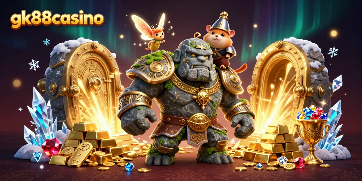 Experience gk88casino's magical adventure with a golem guardian, fairy, and hamster knight!