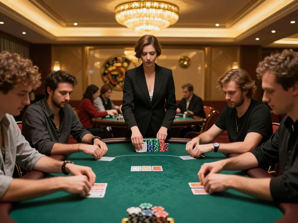 Immobilienmakler Frankfurt Ginnheim-Spieler, die mit hohen Einsätzen in einem gehobenen Casino-Pokersetting strategisieren.