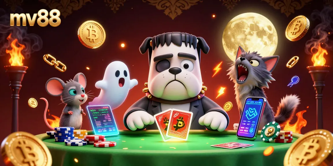 Engage with mv88's thrilling casino atmosphere featuring a lively scene with unique characters and crypto symbols.
