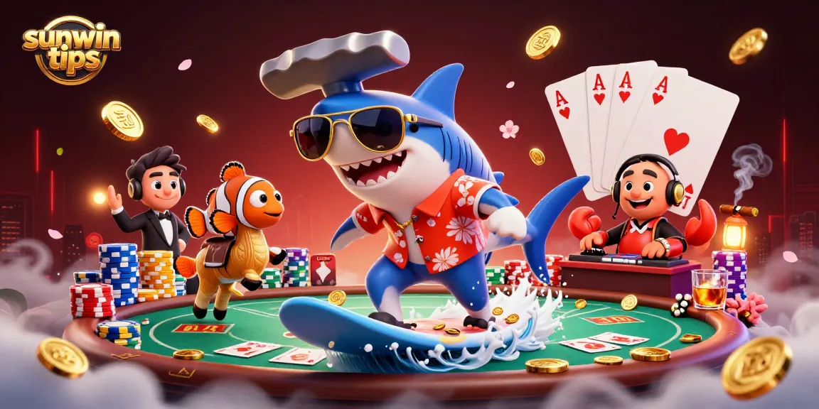 Experience sunwin tips as a vibrant cartoon scene featuring playful sea creatures in a casino atmosphere.