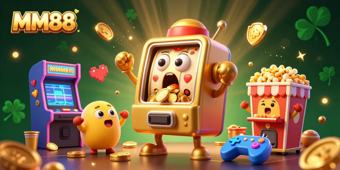 Hit the jackpot at MM88 with this vibrant 3D scene showcasing a slot machine celebration.