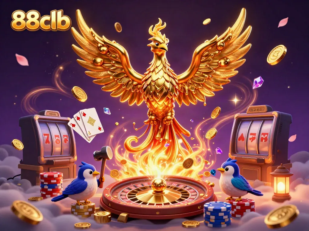 Experience the enchanting world of 88clb casino with vibrant elements of golden phoenixes and dynamic gaming features.