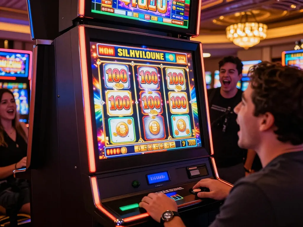 Player celebrating a win while making a slot bet 100 at a lively casino machine.