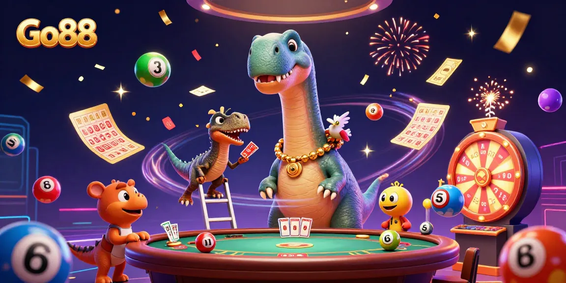 Go88 players enjoying a vibrant casino experience with a dinosaur and colorful game elements.
