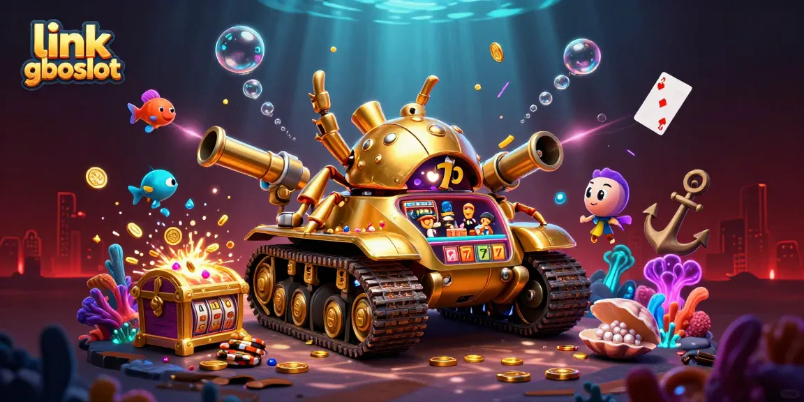 Menyaksikan link gboslot pada ilustrasi kasino bawah laut yang kaya detail dengan mesin slot dan patung emas.
