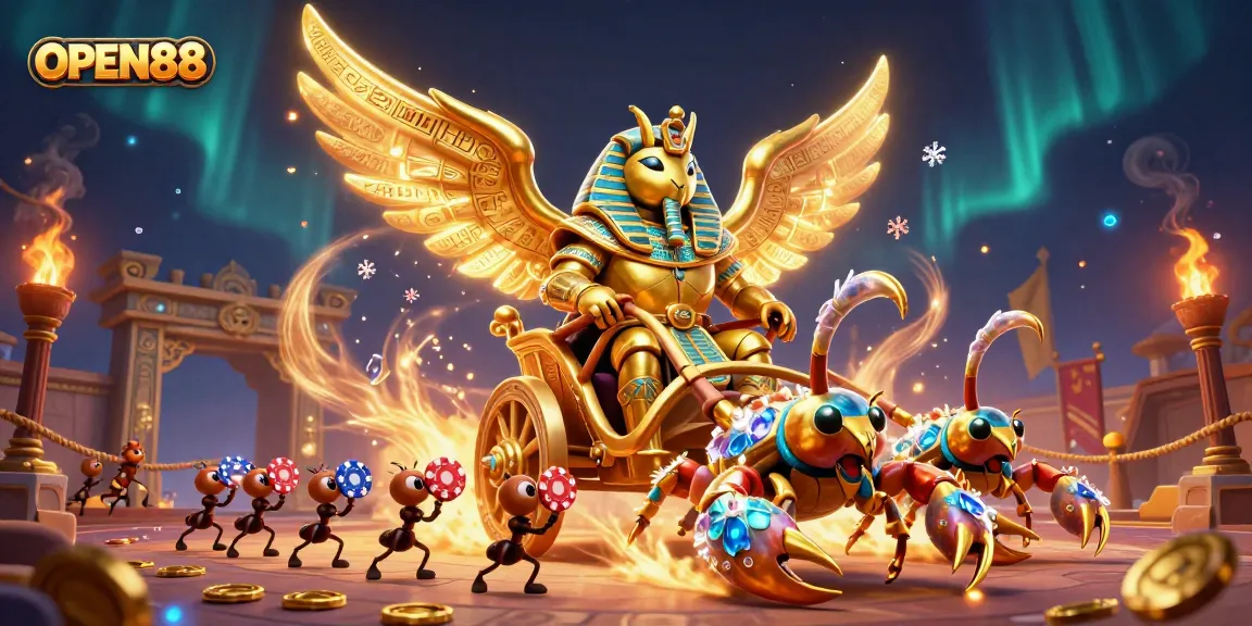 Experience thrilling gameplay at OPEN88 with a vibrant 3D casino scene featuring unique characters and dynamic gambling elements.